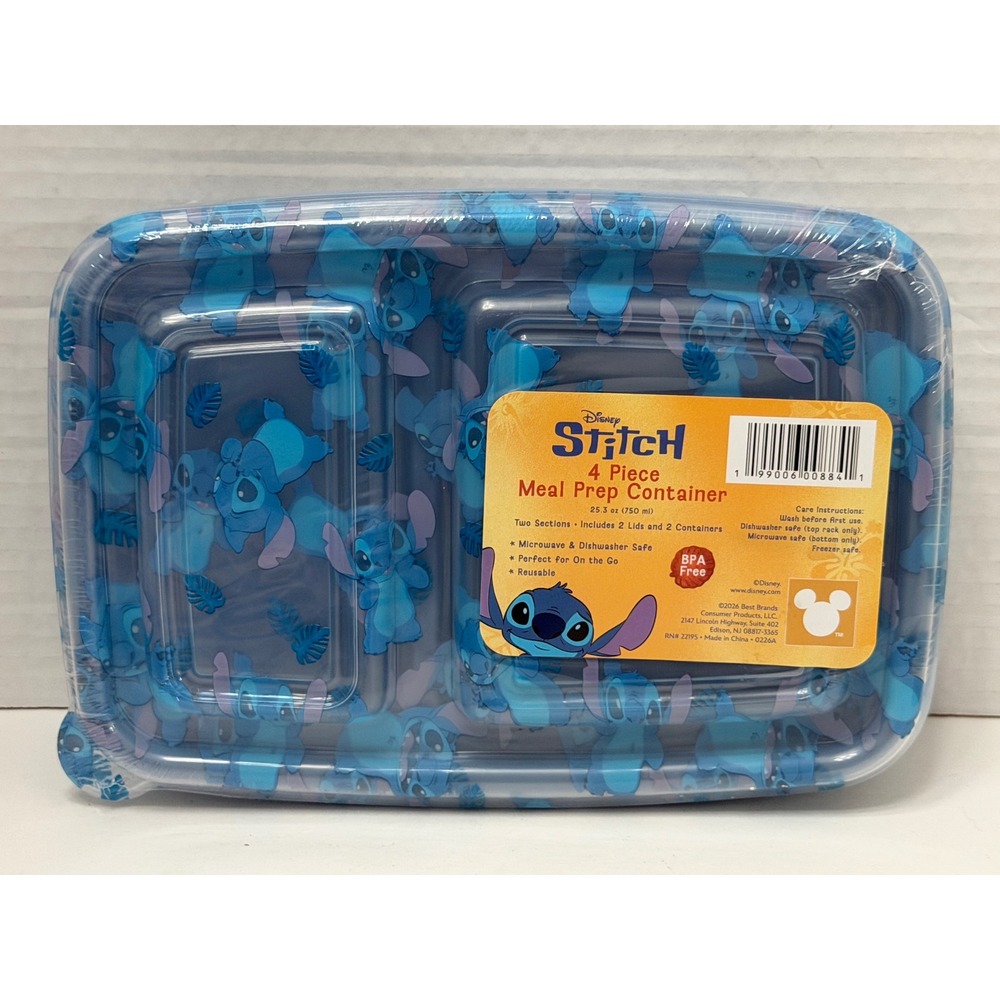 Disney Stitch 4 Piece Meal Prep Container Set 25.3oz Blue Divided Lilo &‎ Stitch